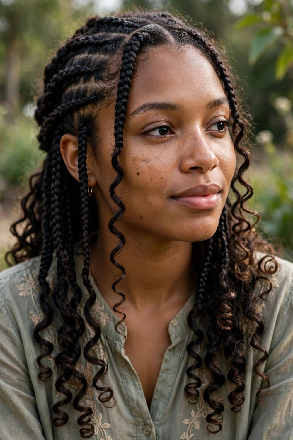Black woman with hip-length boho braids, extreme rapunzel length with curls