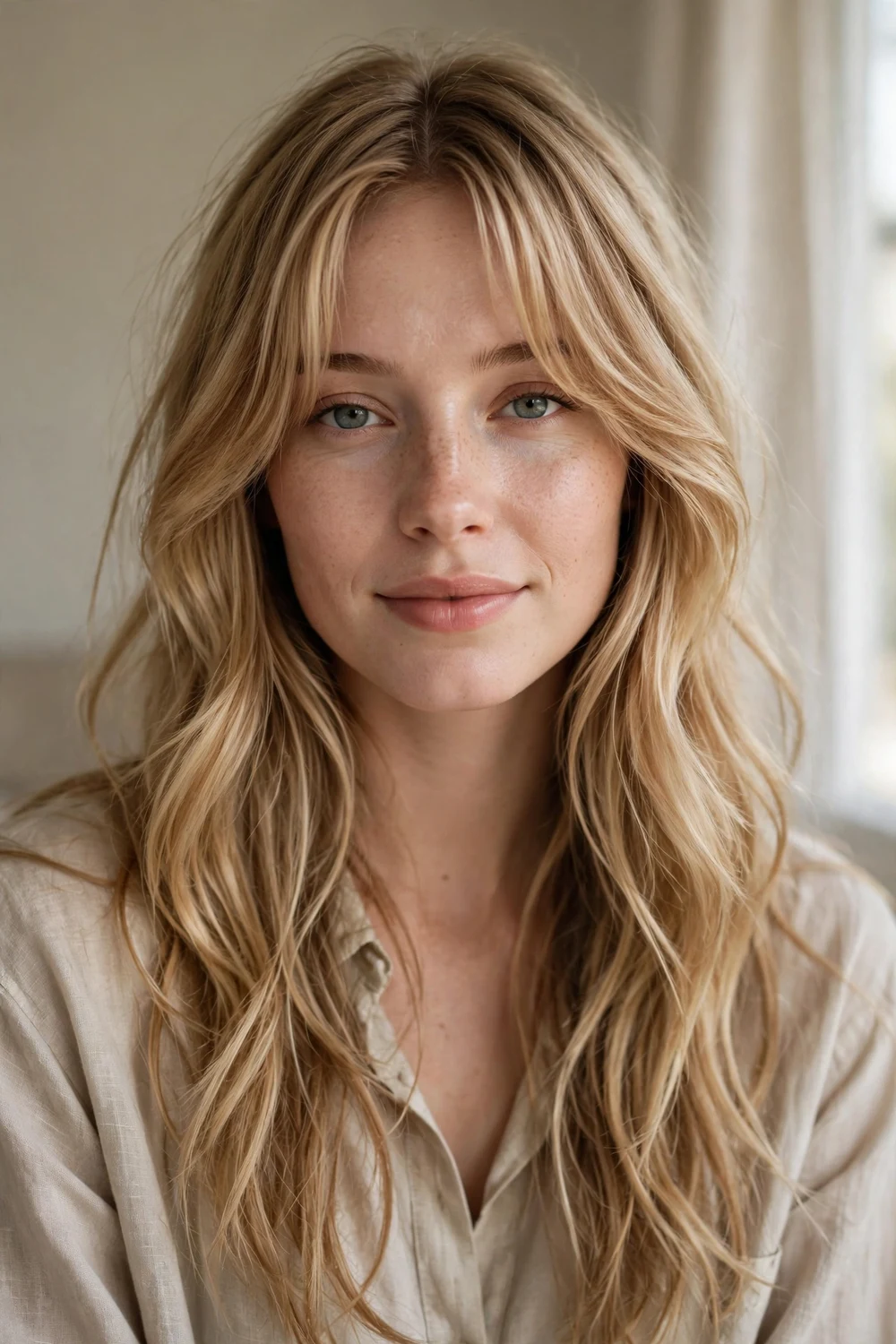 Boho chic flowing layers with soft curtain bangs on fine hair