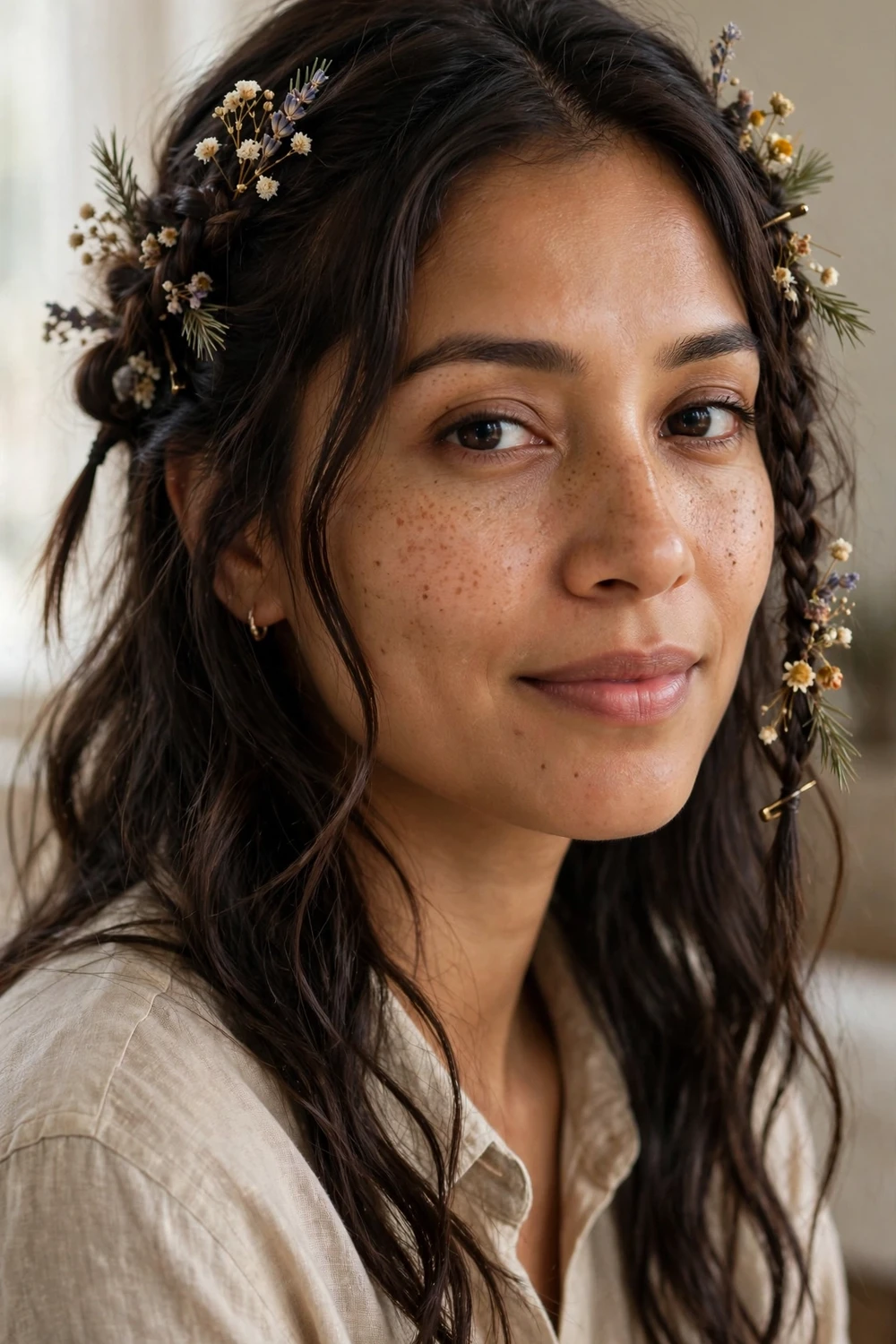Boho half-up hairstyle with loose deconstructed accent braids and dried flowers
