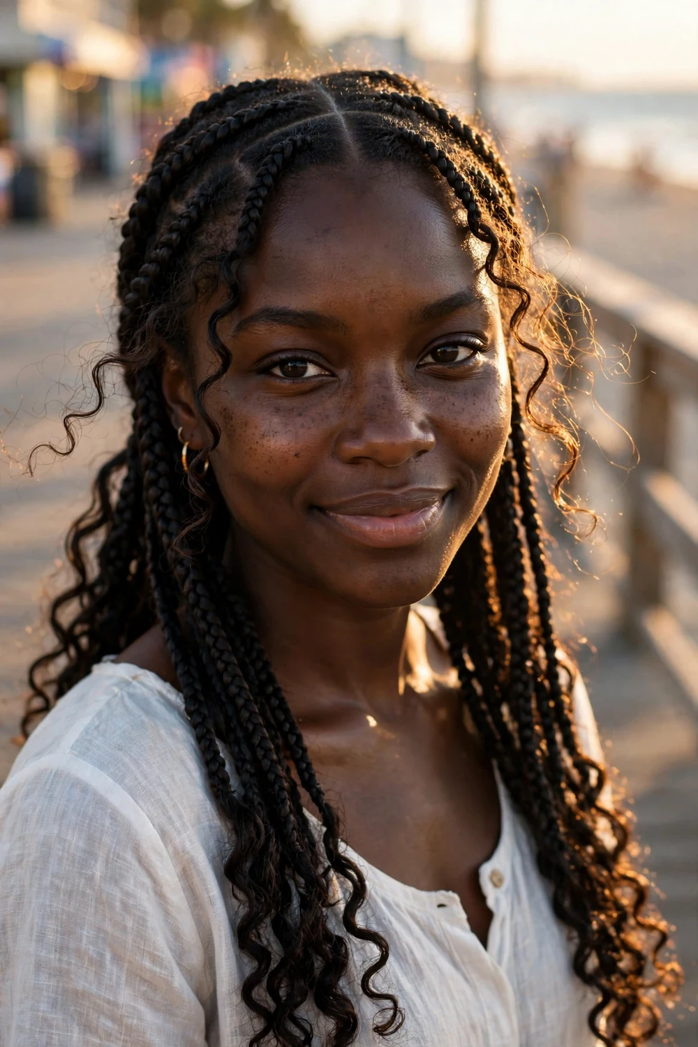 Woman with long boho knotless braids with loose curly ends, summer style
