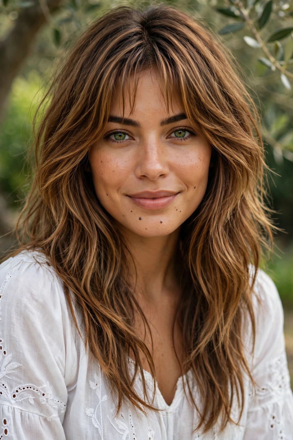 Woman with a soft boho long shag haircut, gentle low-elevation layers and barely-there curtain bangs