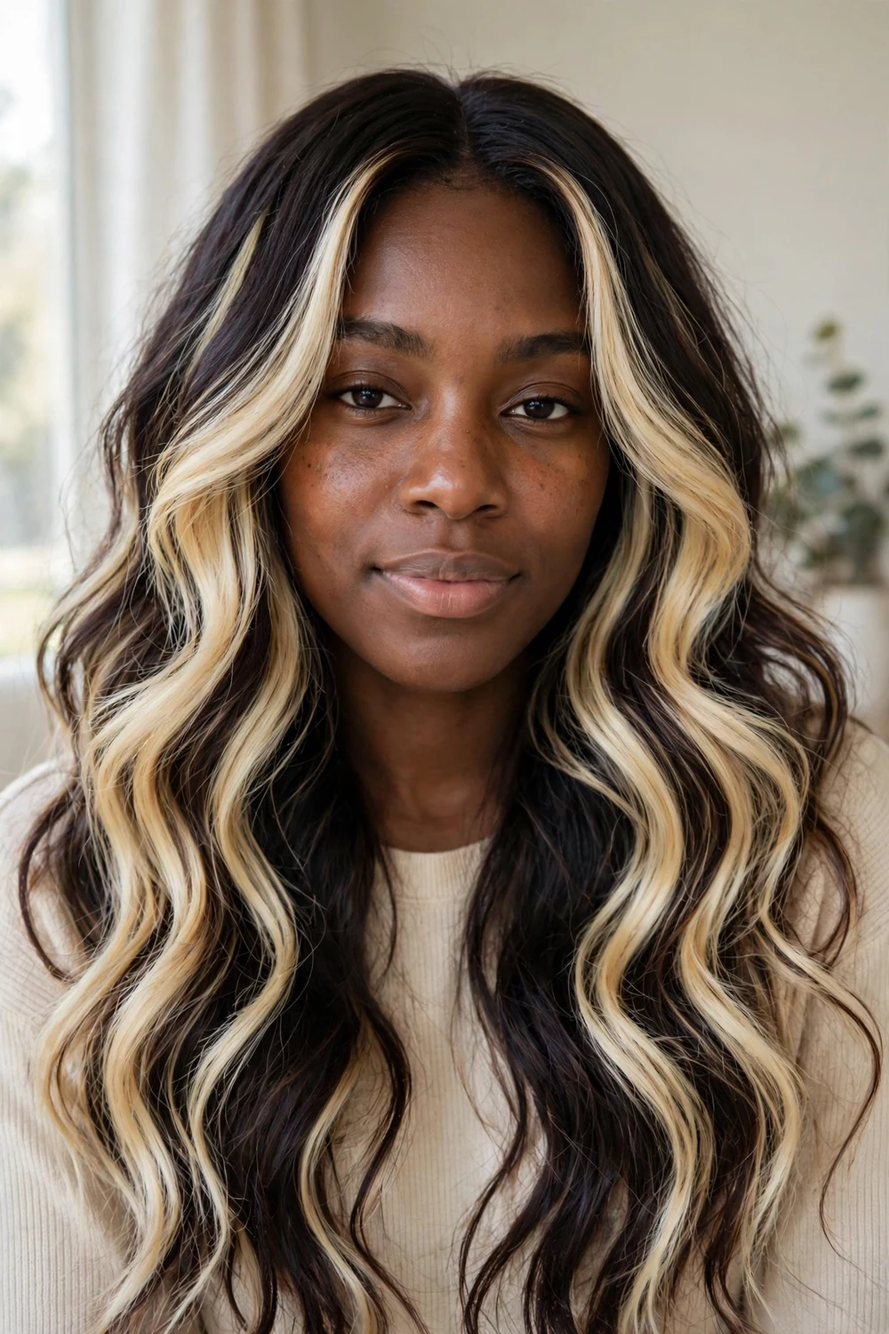 Bold contrast balayage with bright blonde balayage on a dark brunette foundation