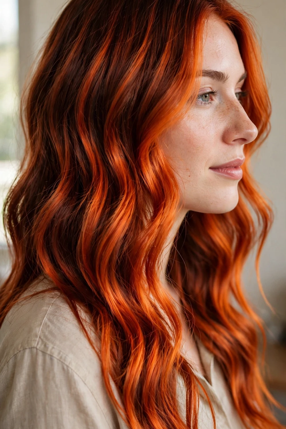 Bold copper balayage with vivid saturated copper tones