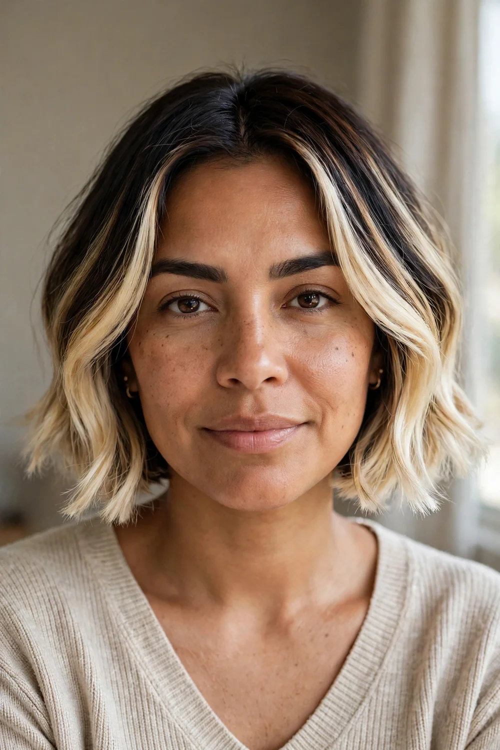 Woman with bold money piece balayage on a wavy bob