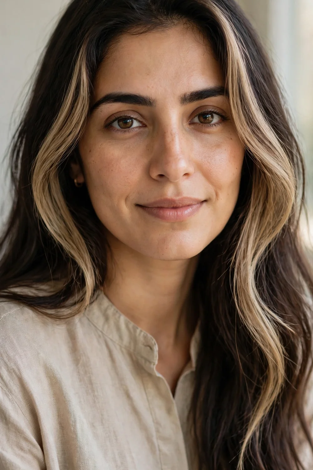 Woman with dark brown hair and a bold warm beige money piece framing her face, natural daylight
