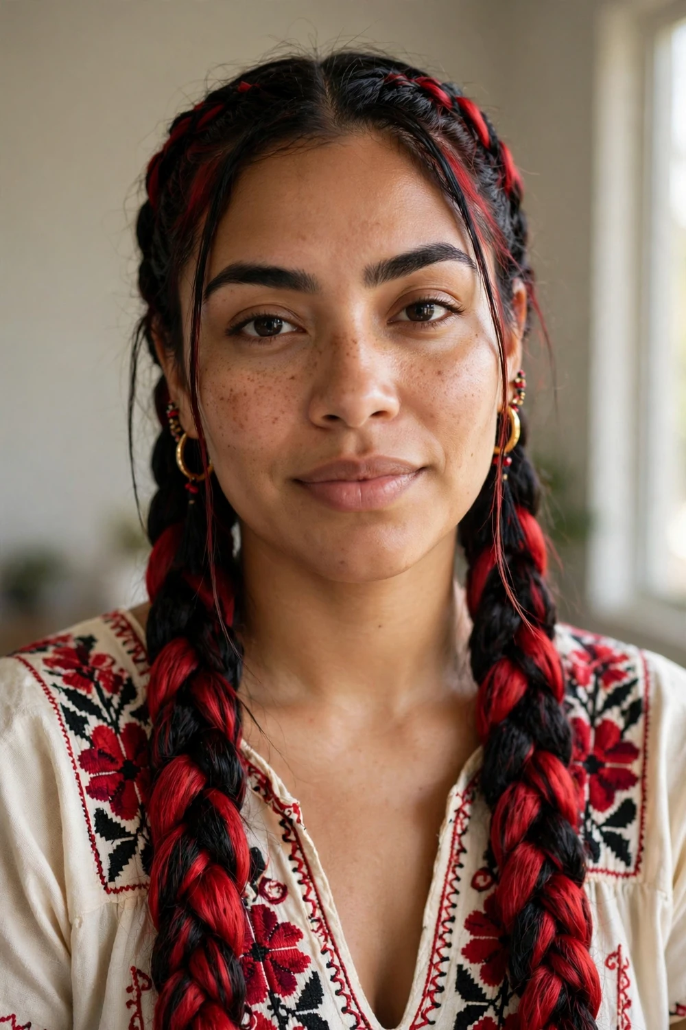 Two long braids blending red and black hair for a bold Christmas statement