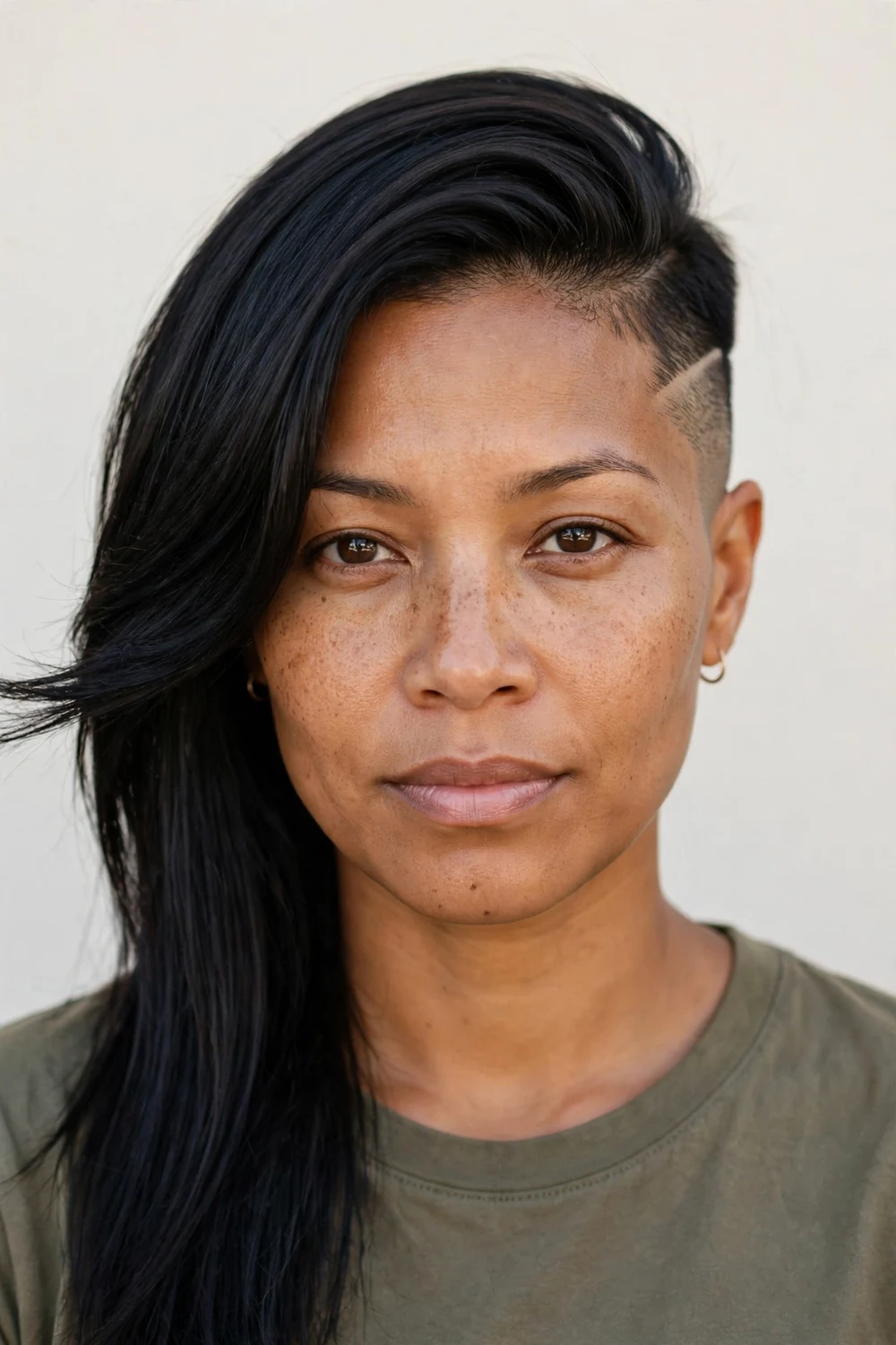 Woman with a bold undercut on straight hair, shaved sides with longer straight top swept over