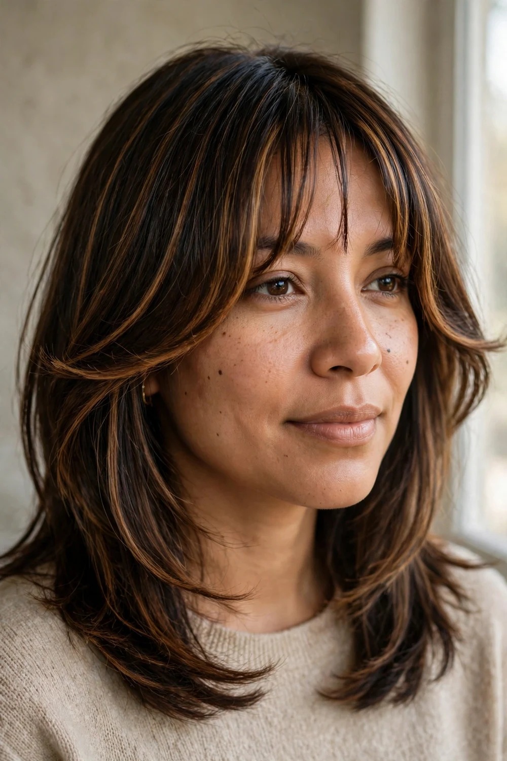 Woman with bottleneck bangs and caramel face-framing highlights