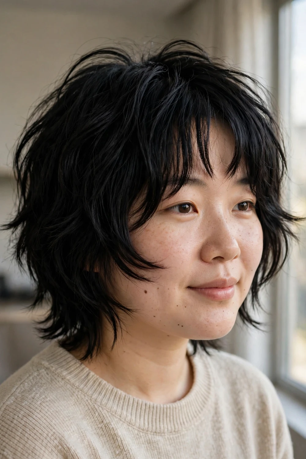 Woman with round face wearing a shaggy bob with bottleneck bangs