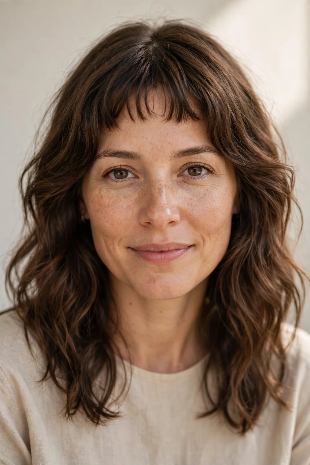 Woman with bottleneck bangs narrow at the top and wider at the cheeks