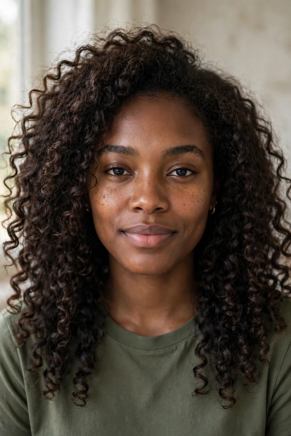 Woman with defined bouncy natural curls for Christmas long hair