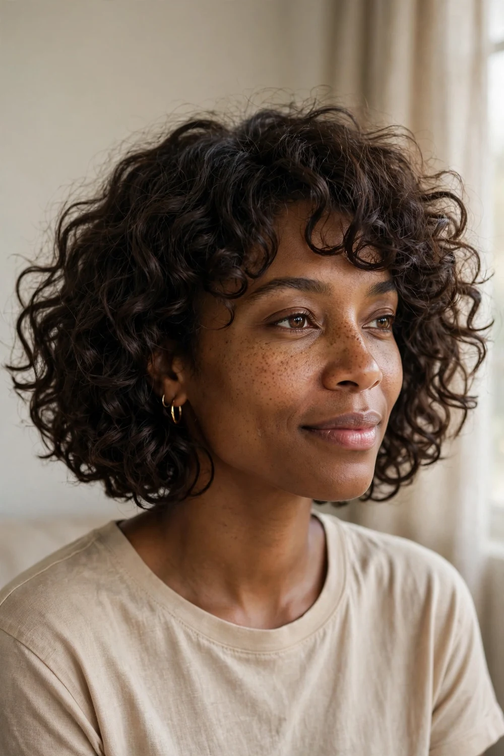 Bouncy tousled curls bob with defined volume on dark brown chin-length hair, front three-quarter view
