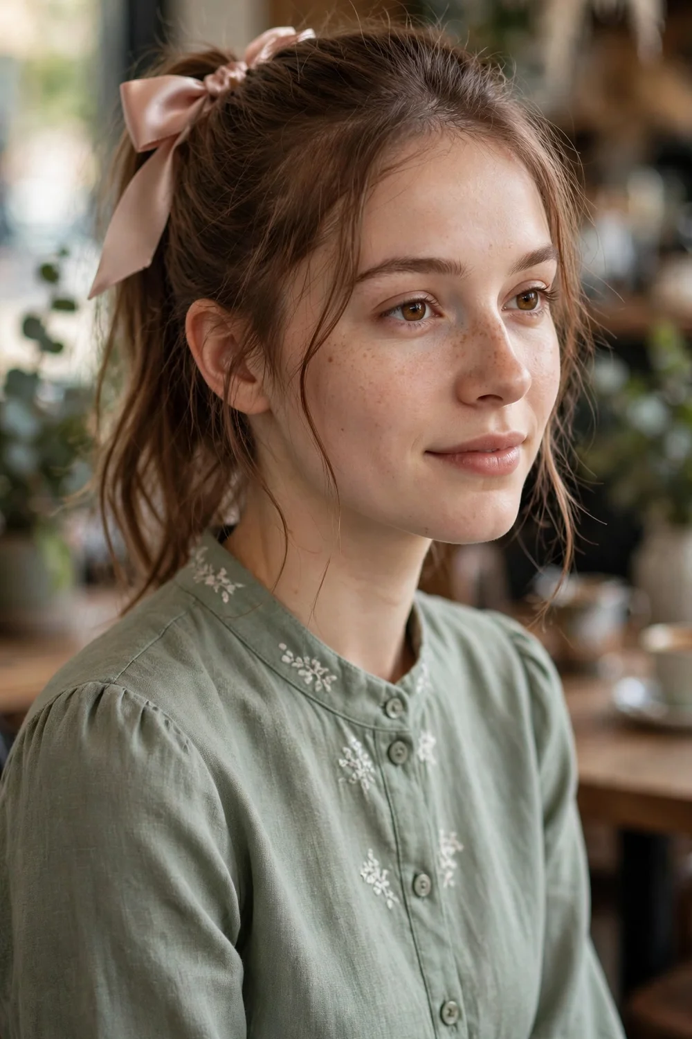 Woman with a bow half-up ponytail hairstyle for thin hair