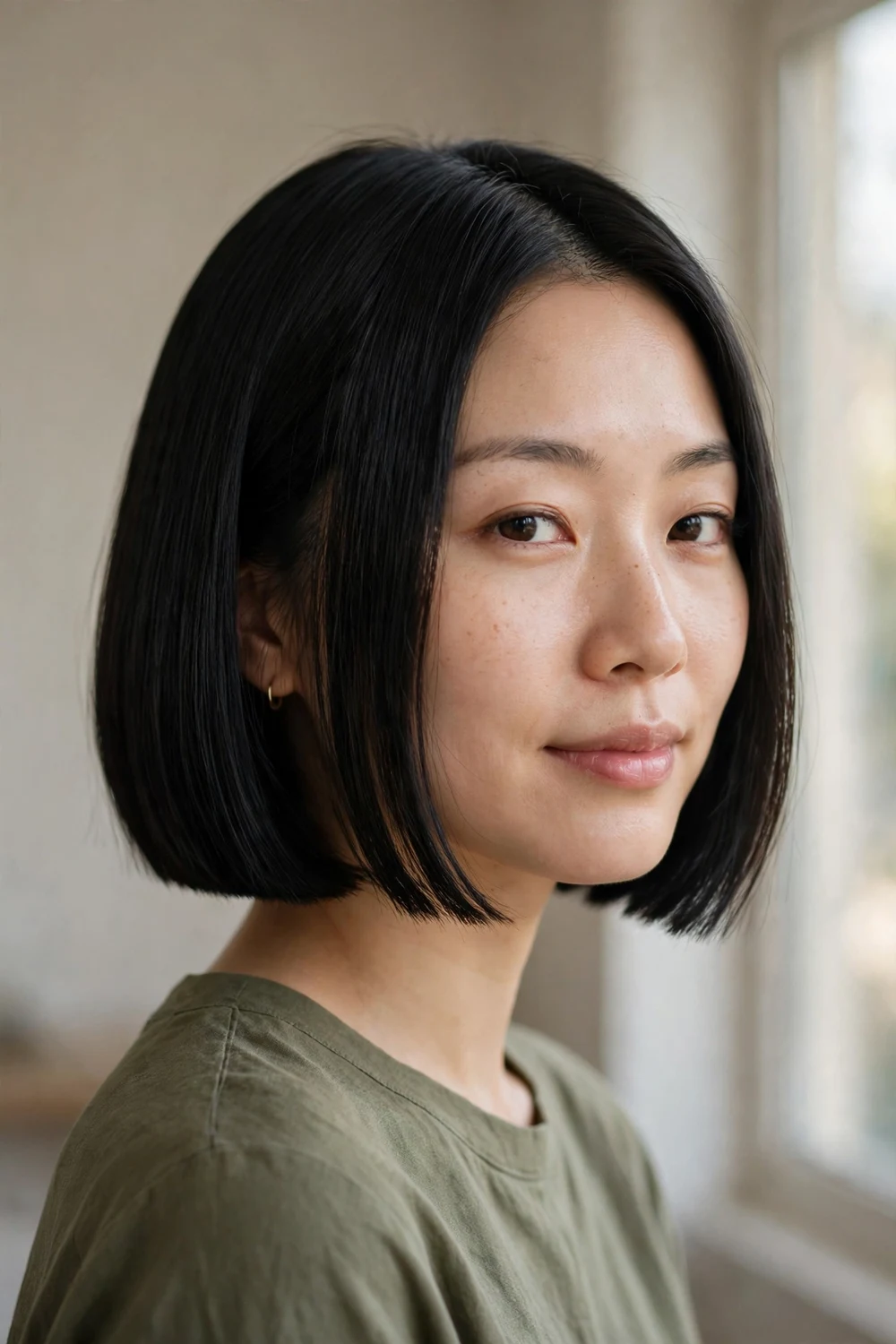 Classic chin-length box bob with square silhouette and blunt ends