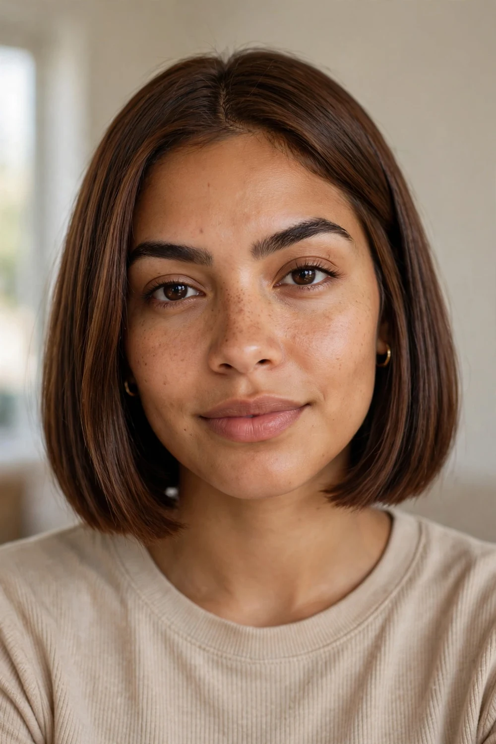 Box bob with blunt one-length ends at chin level