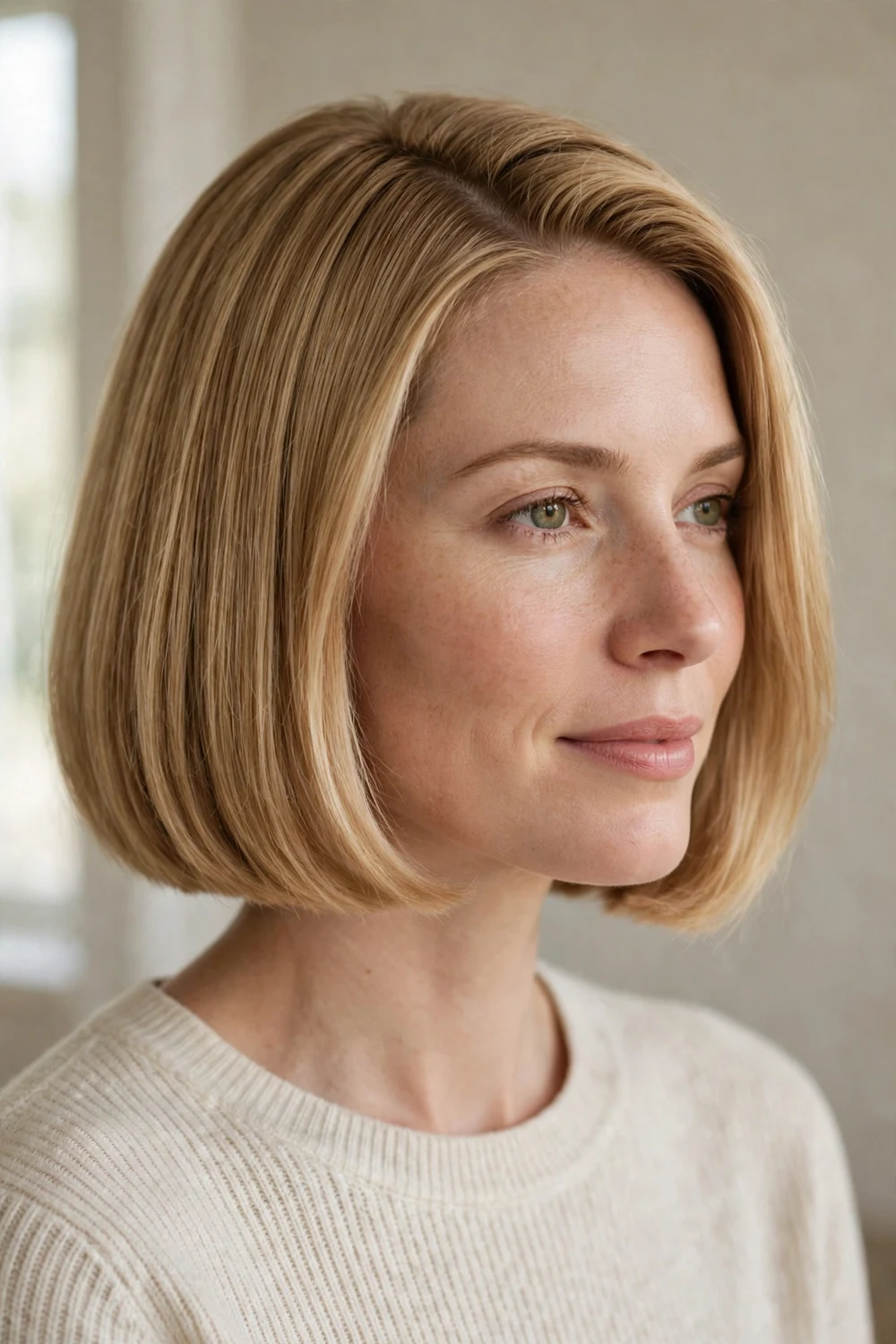Box bob with side part and blunt chin-length ends