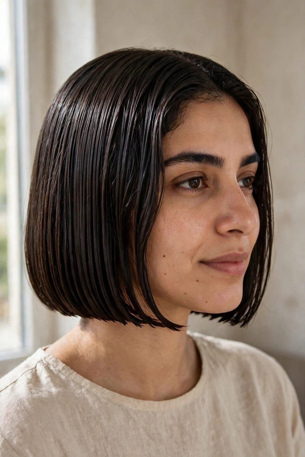 Wet-look box bob with glossy slicked finish
