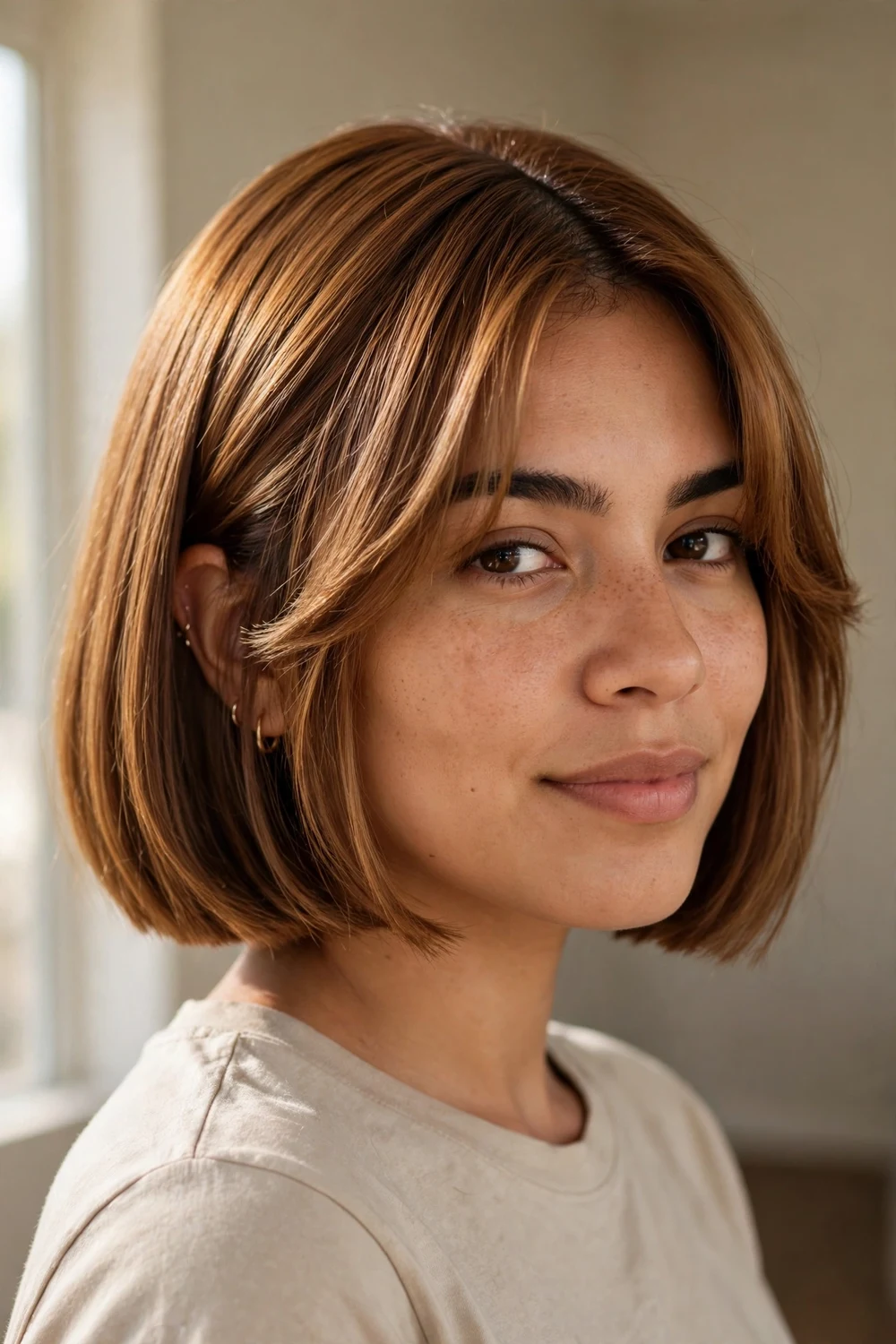 Box bob with curtain fringe parted in the middle