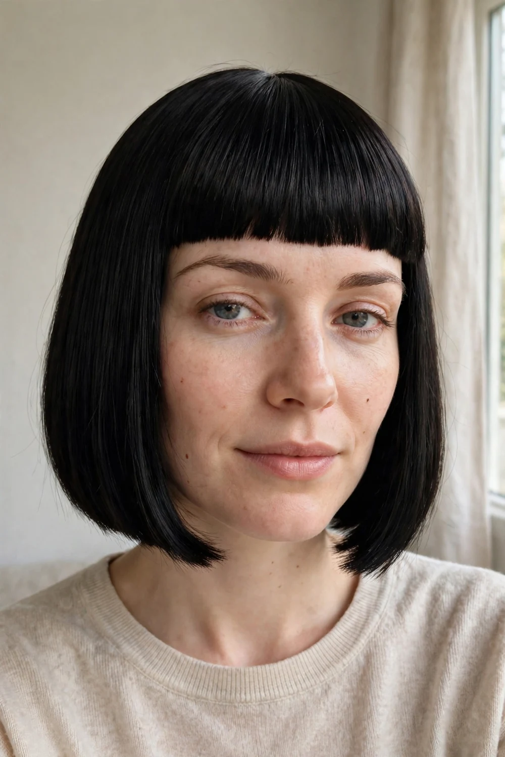 Box bob with blunt full straight-across fringe