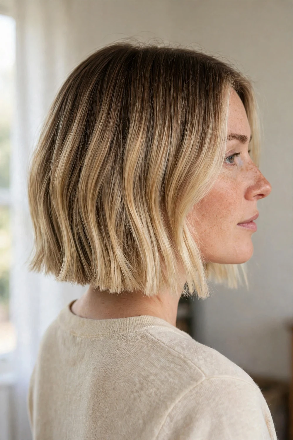 Box bob with blonde balayage and darker roots