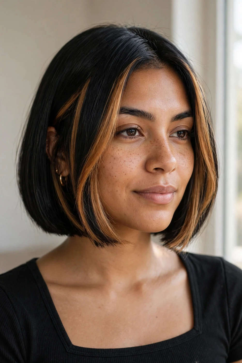 Box bob with caramel face-framing highlight pieces