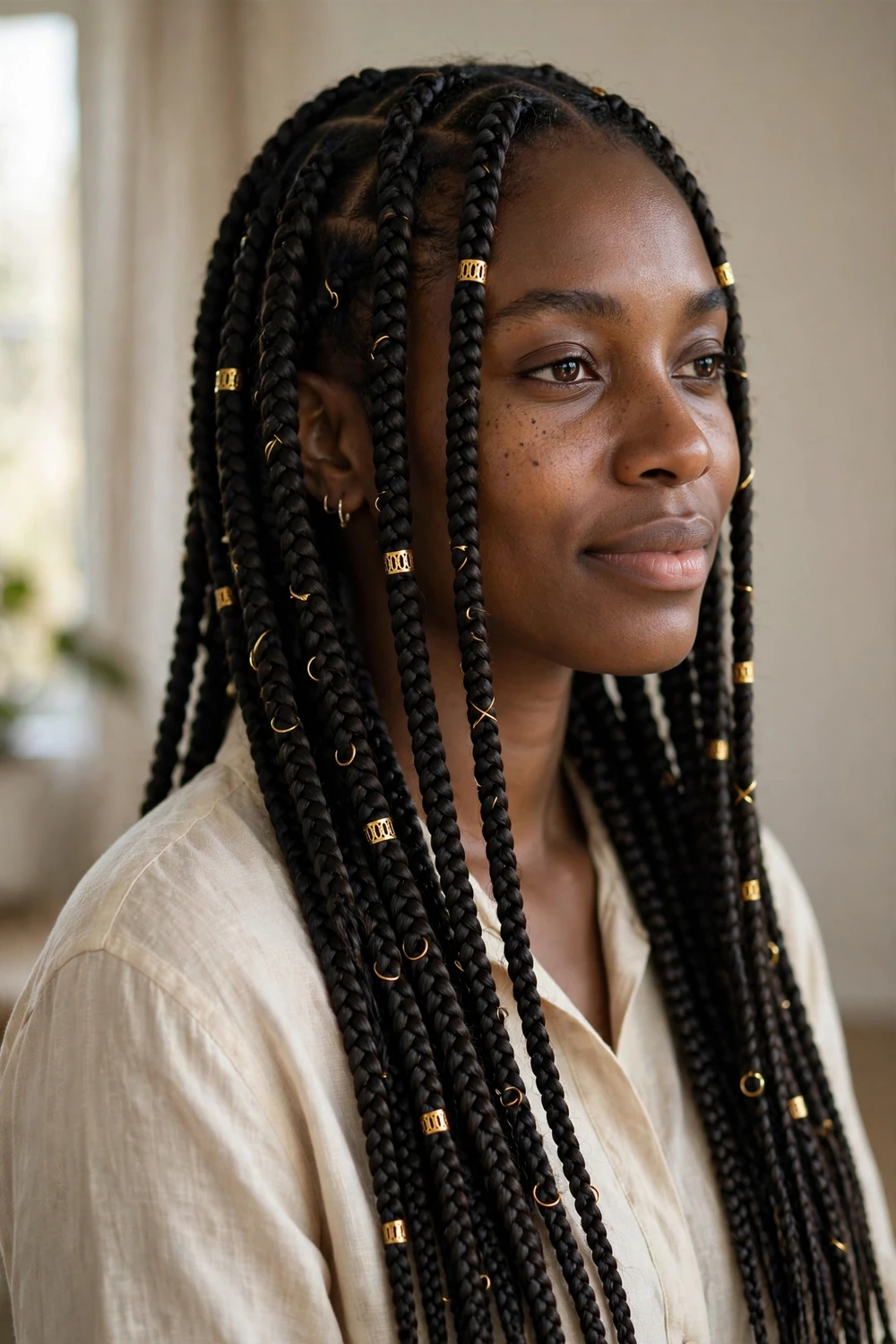 Long box braids accessorized with small gold hair cuffs and rings for Christmas