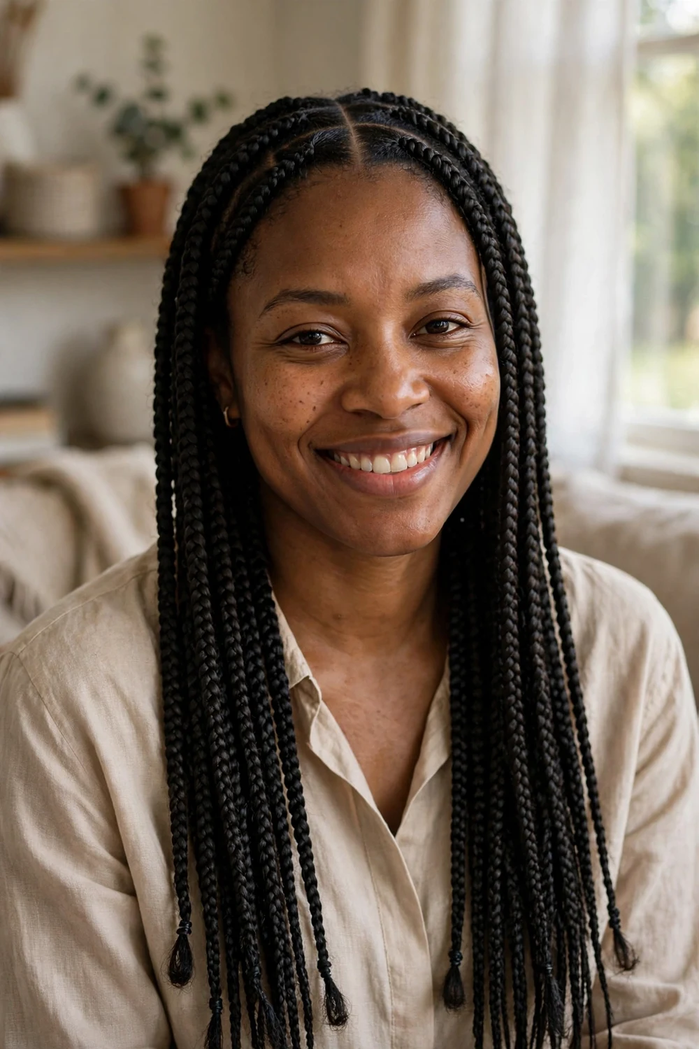 Black woman with classic long box braids, medium size, falling past the shoulders