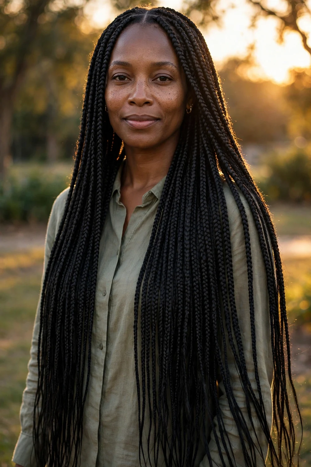 Black woman with shoulder-length box braids, classic medium set