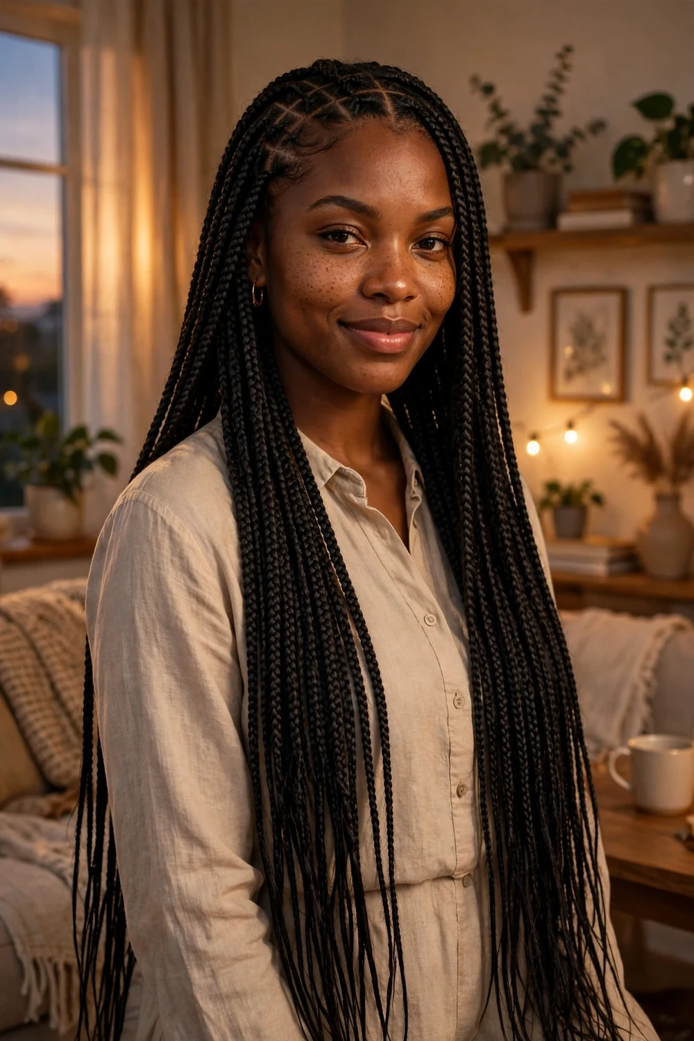 Black woman with short box braids above the chin, playful and light