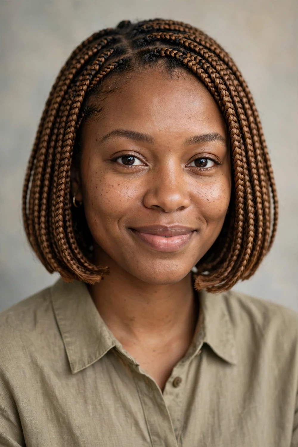 Black woman with chin-length bob box braids, warm brown blend, neat finish