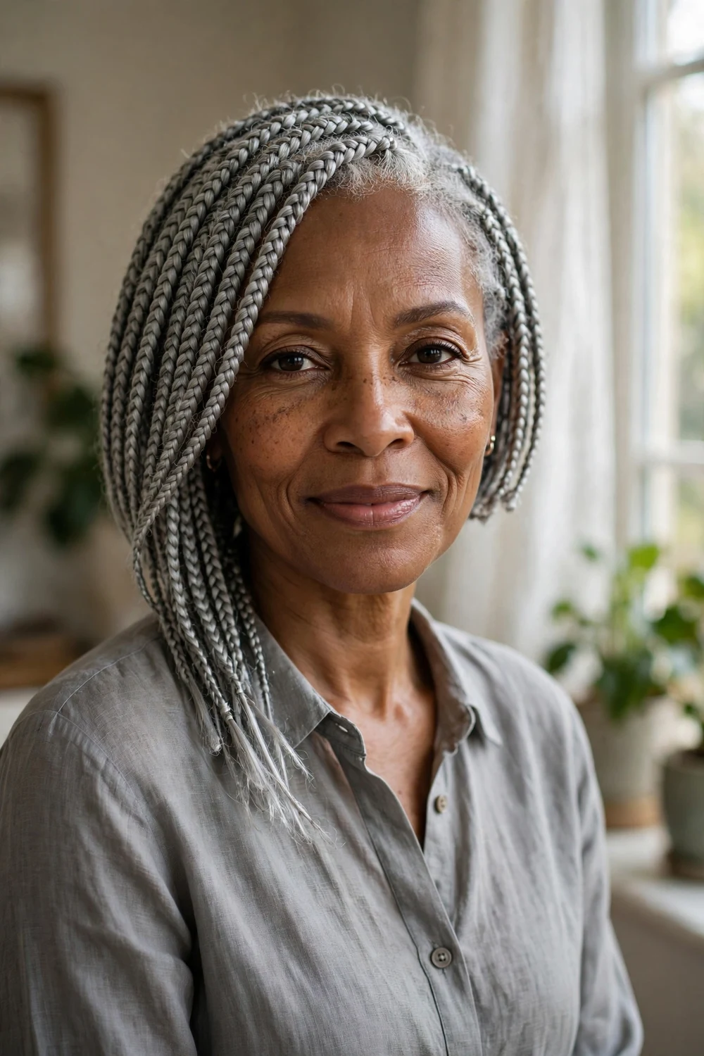 Black woman with grey asymmetrical box braid bob, one side longer, sophisticated