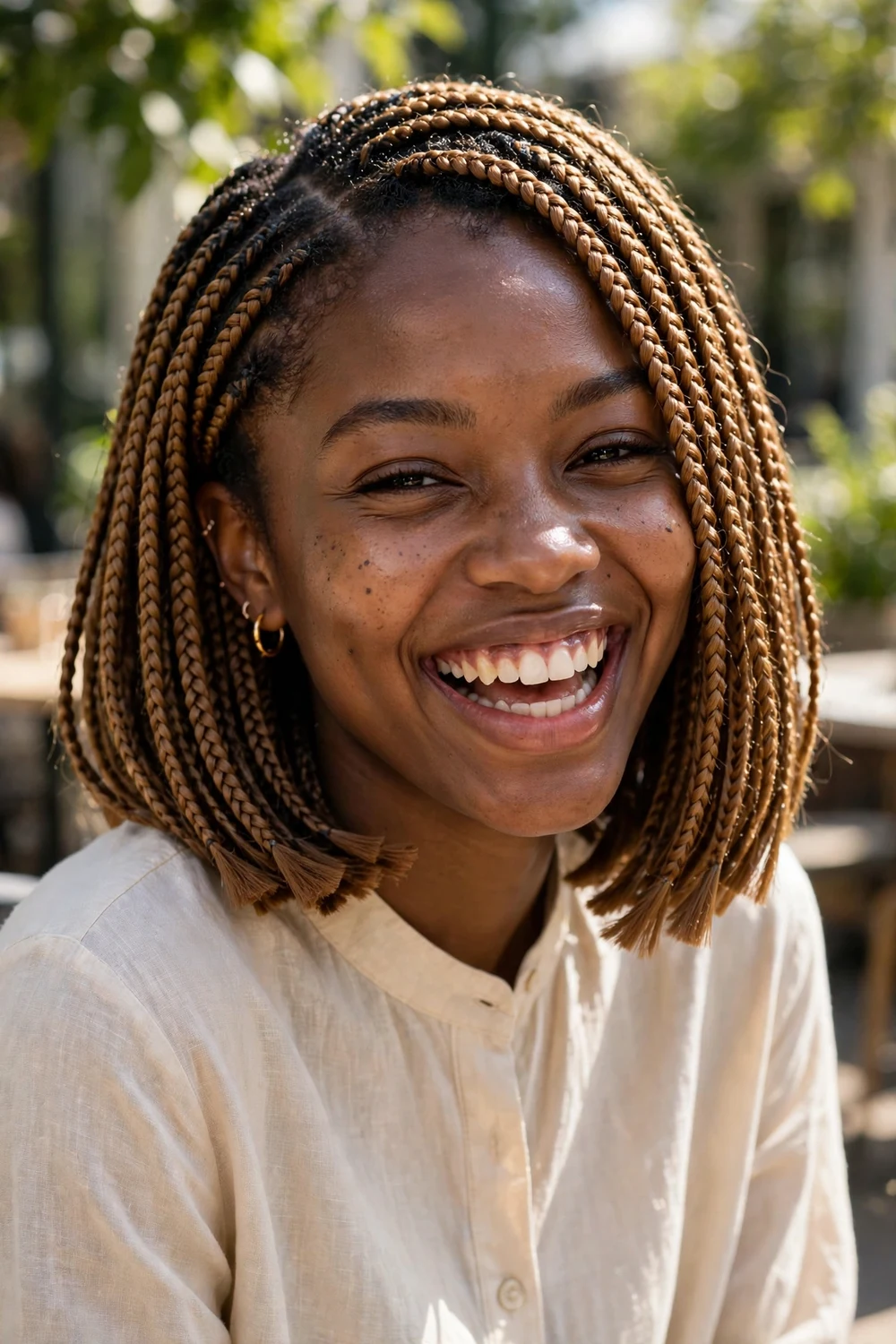 Black woman with A-line bob box braids, angled cut longer in front