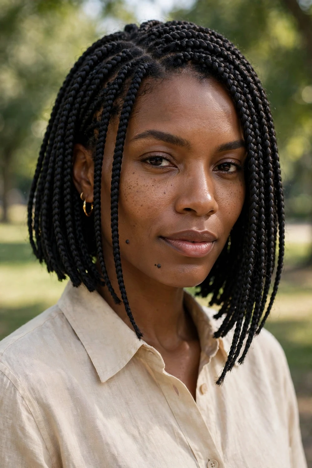 Black woman with long bob box braids at collarbone, honey brown with dark roots