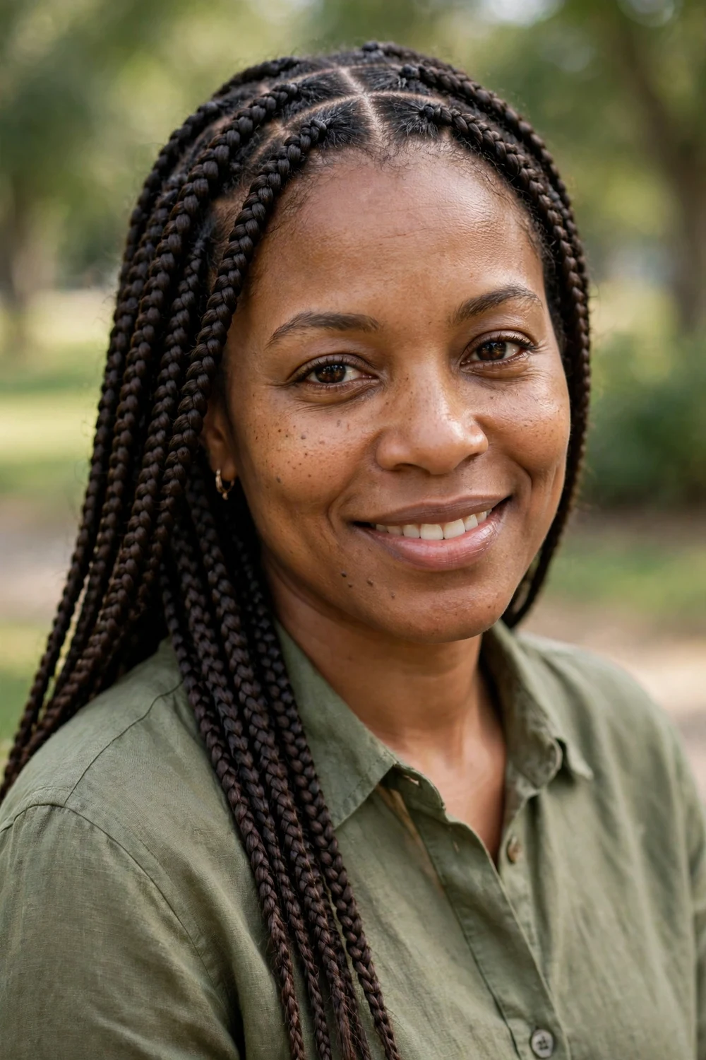 Black woman with dark brown box braids, precise square partings, natural look