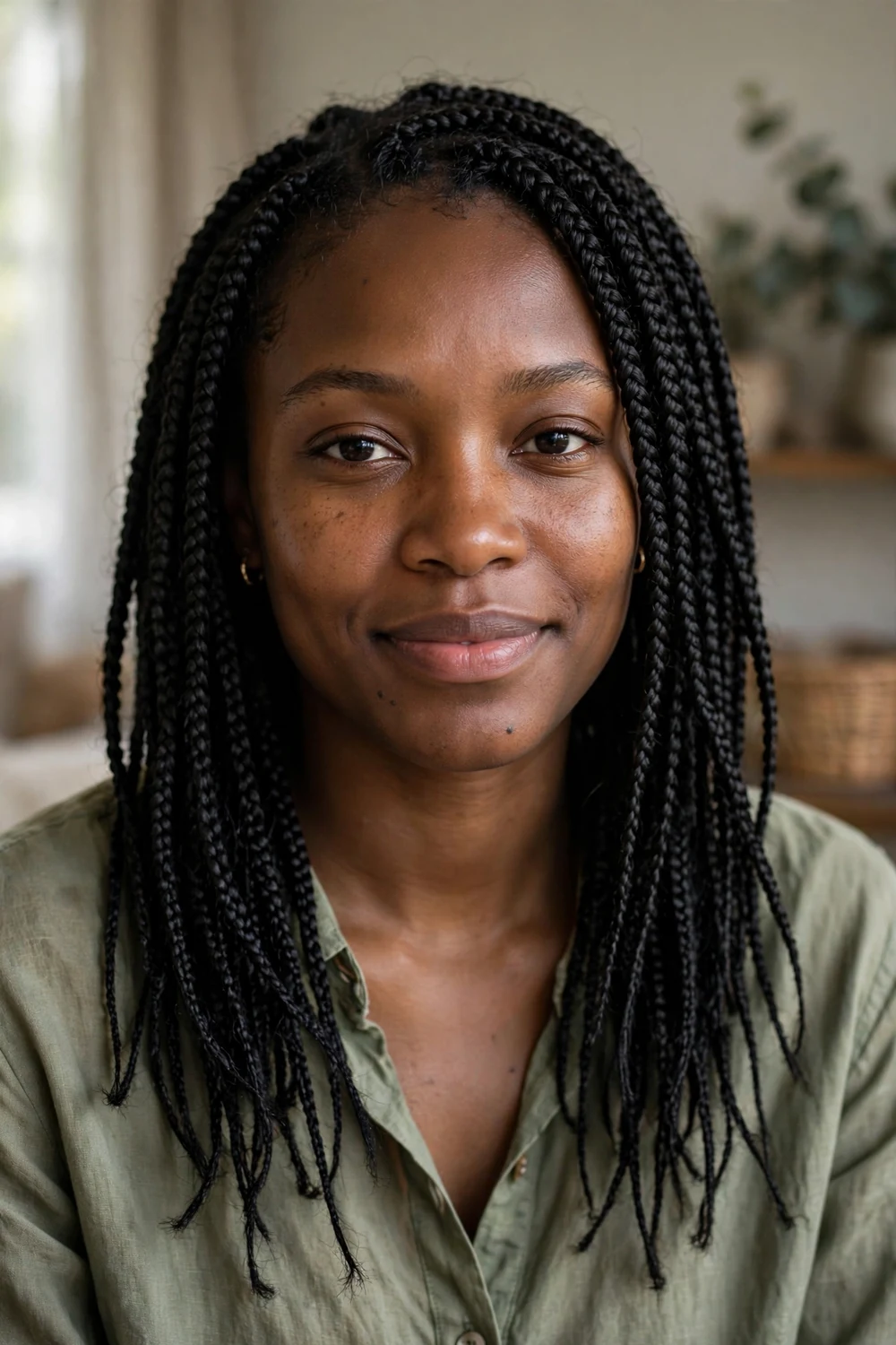Black woman with jet black box braids, tapered unsealed ends, collarbone length