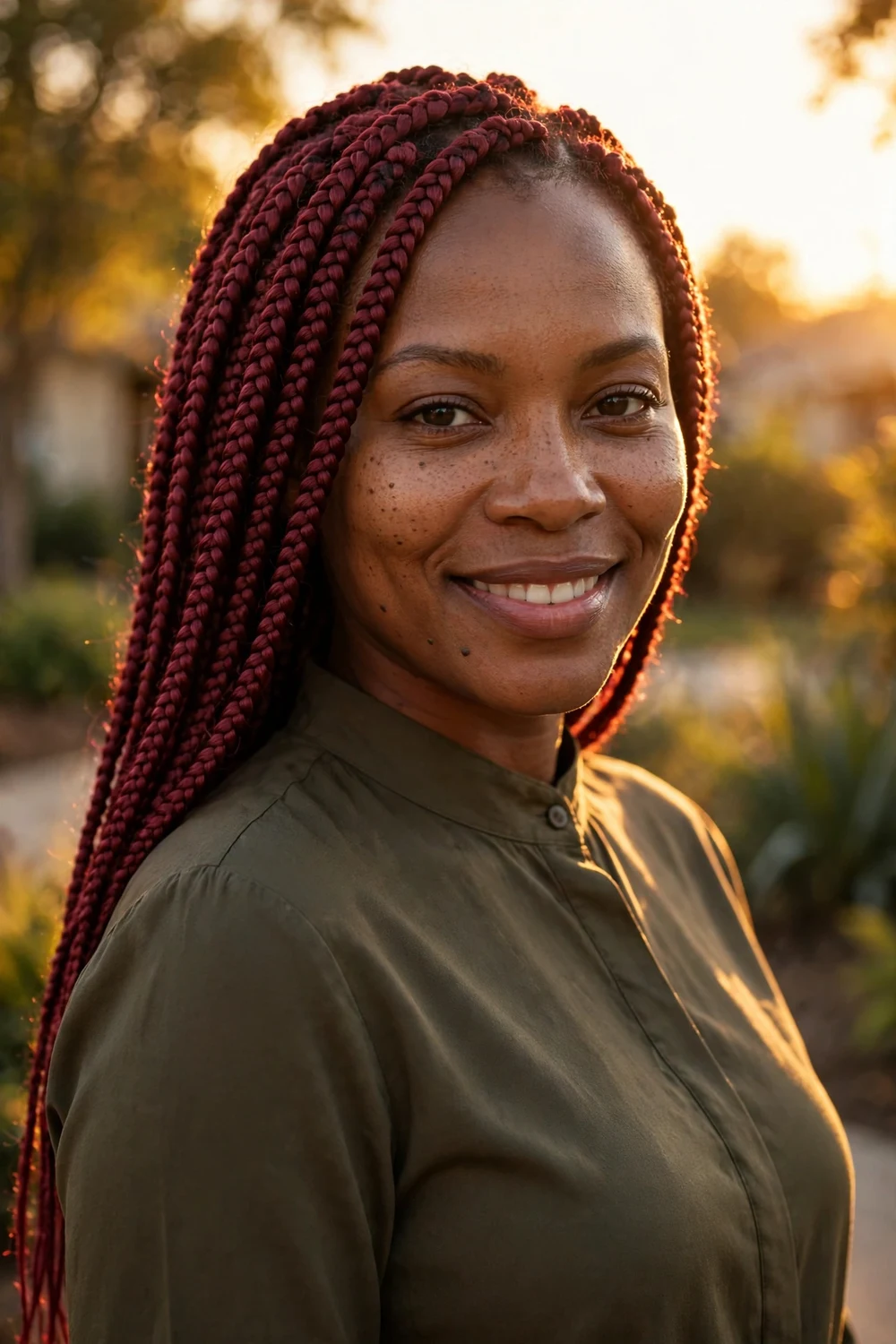 Black woman with bright blonde box braids, bold light color, long length