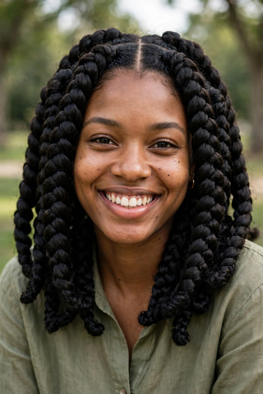 Black woman with jumbo box braids, thick sections, shoulder length