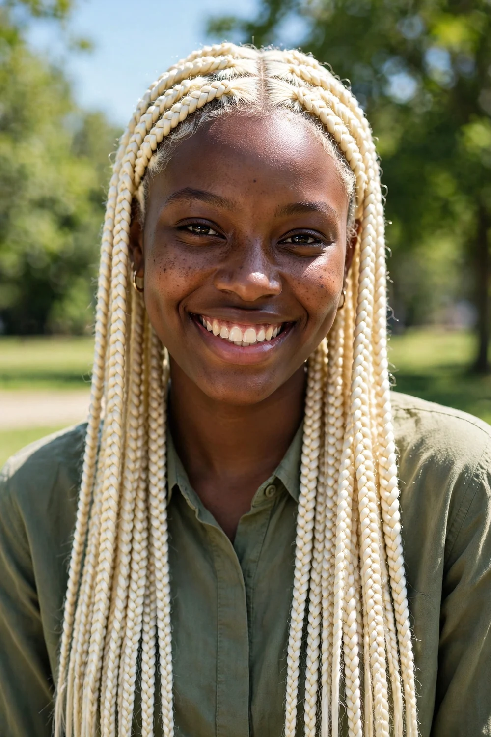 Black woman with burgundy box braids, rich wine red color, mid-back length