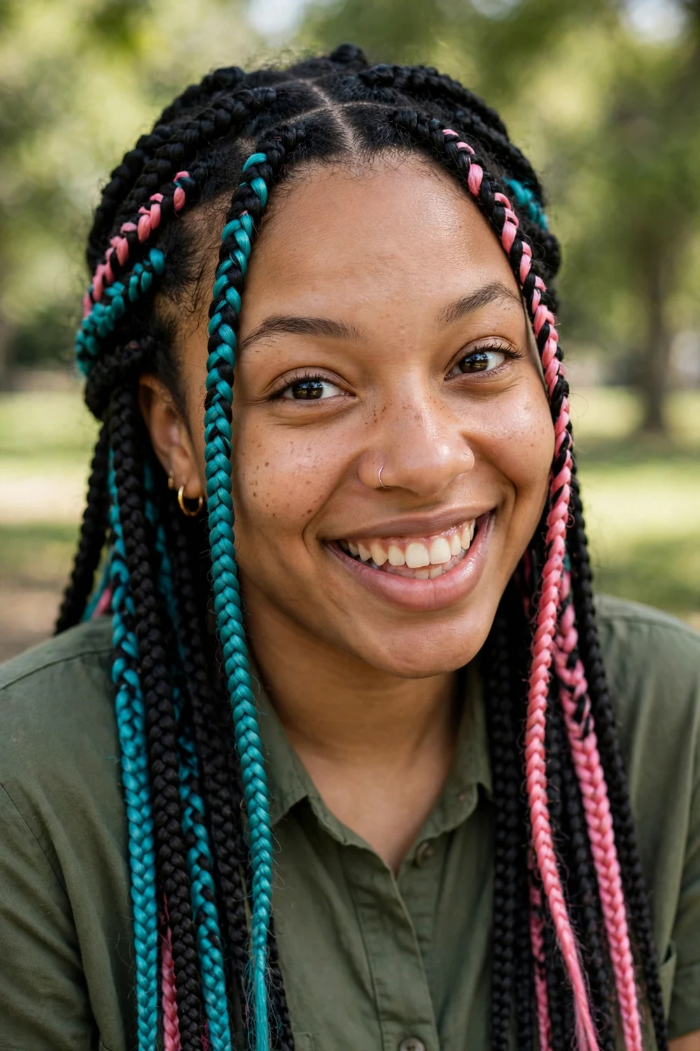 Black woman with purple box braids swept to one side, classic knotted base
