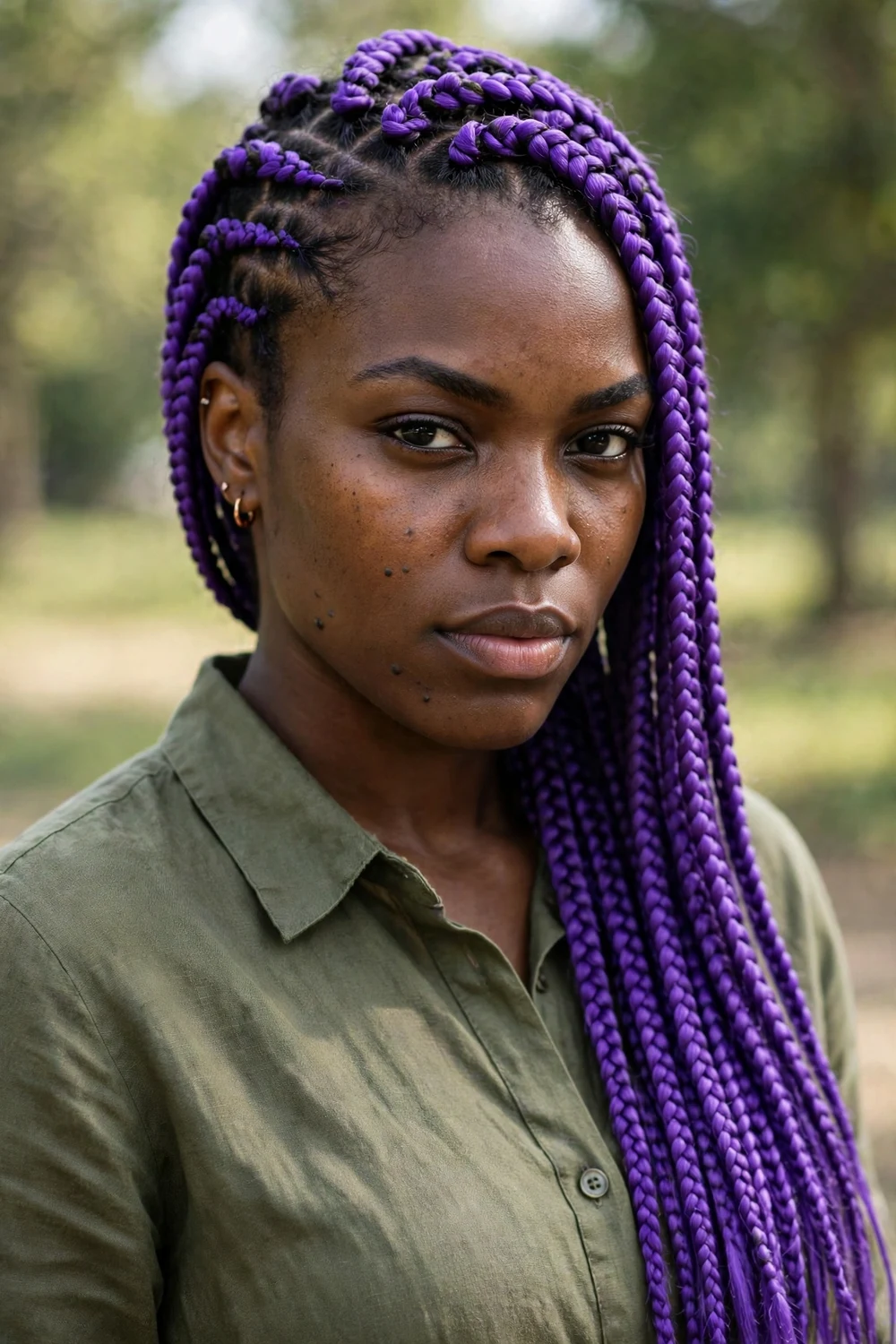 Black woman with rainbow multicolor box braids, pink green blue purple sections