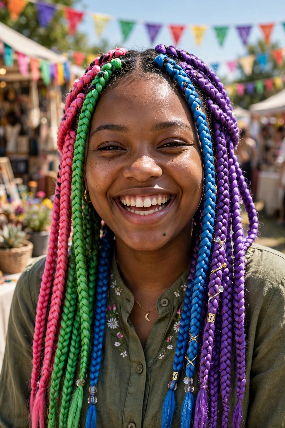 Black woman with ombre box braids, dark roots melting to honey blonde ends