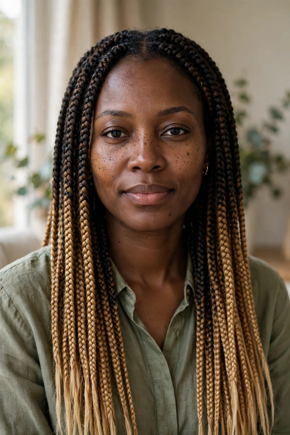 Black woman with black box braids featuring teal and pink accent braids
