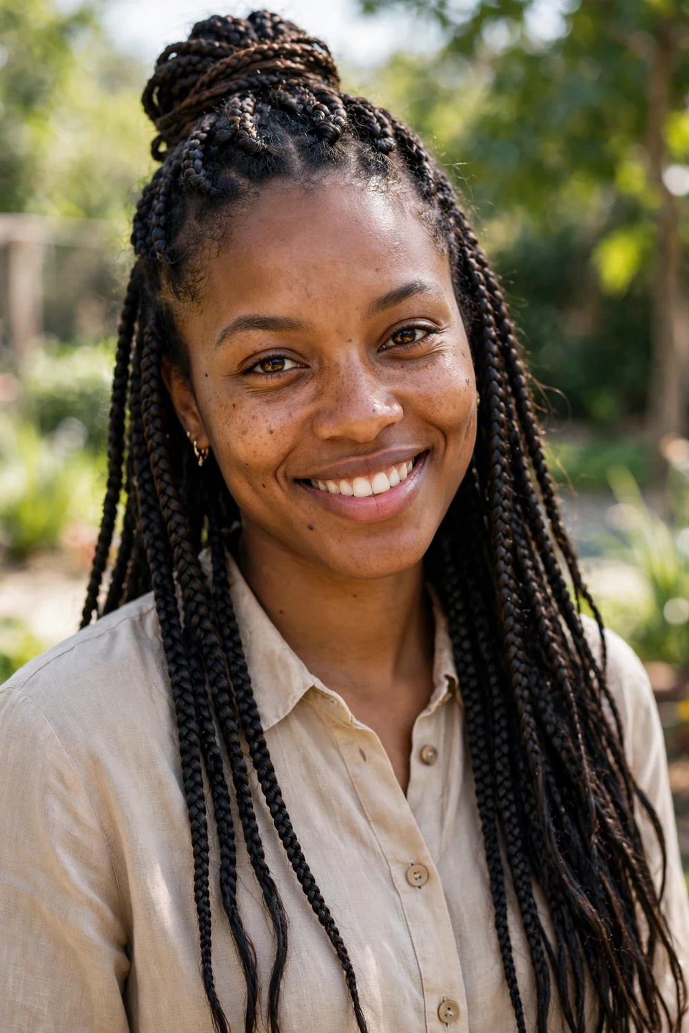 Black woman with half-up half-down box braids, top gathered in a bun