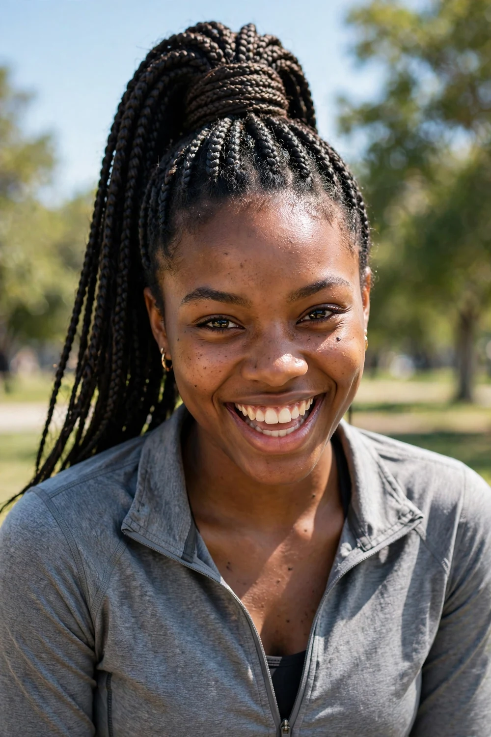 Black woman with high ponytail box braids, braids gathered up with wrapped base