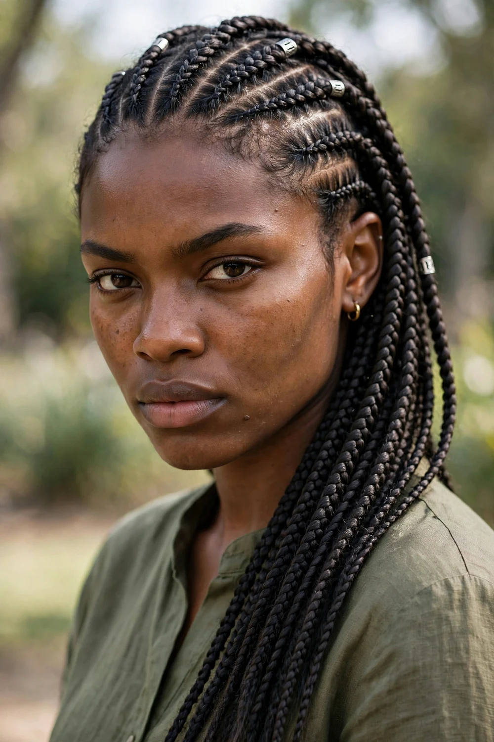 Black woman with side-swept box braids draped over one shoulder