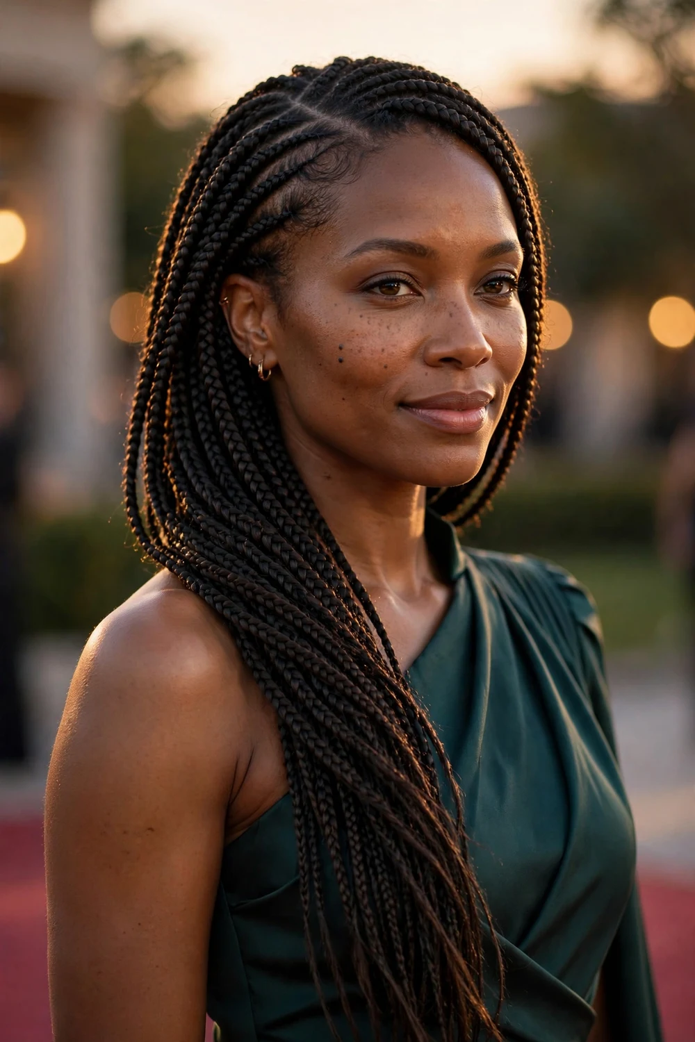 Black woman with cornrow-to-box braids, cornrows at crown feeding into braids with silver cuffs