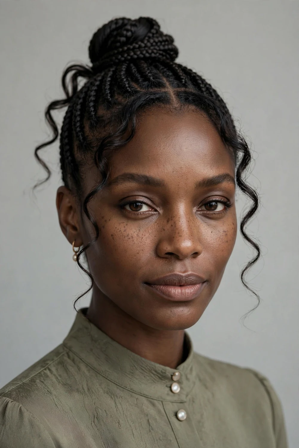 Black woman with two-bun box braids, space buns on top of head