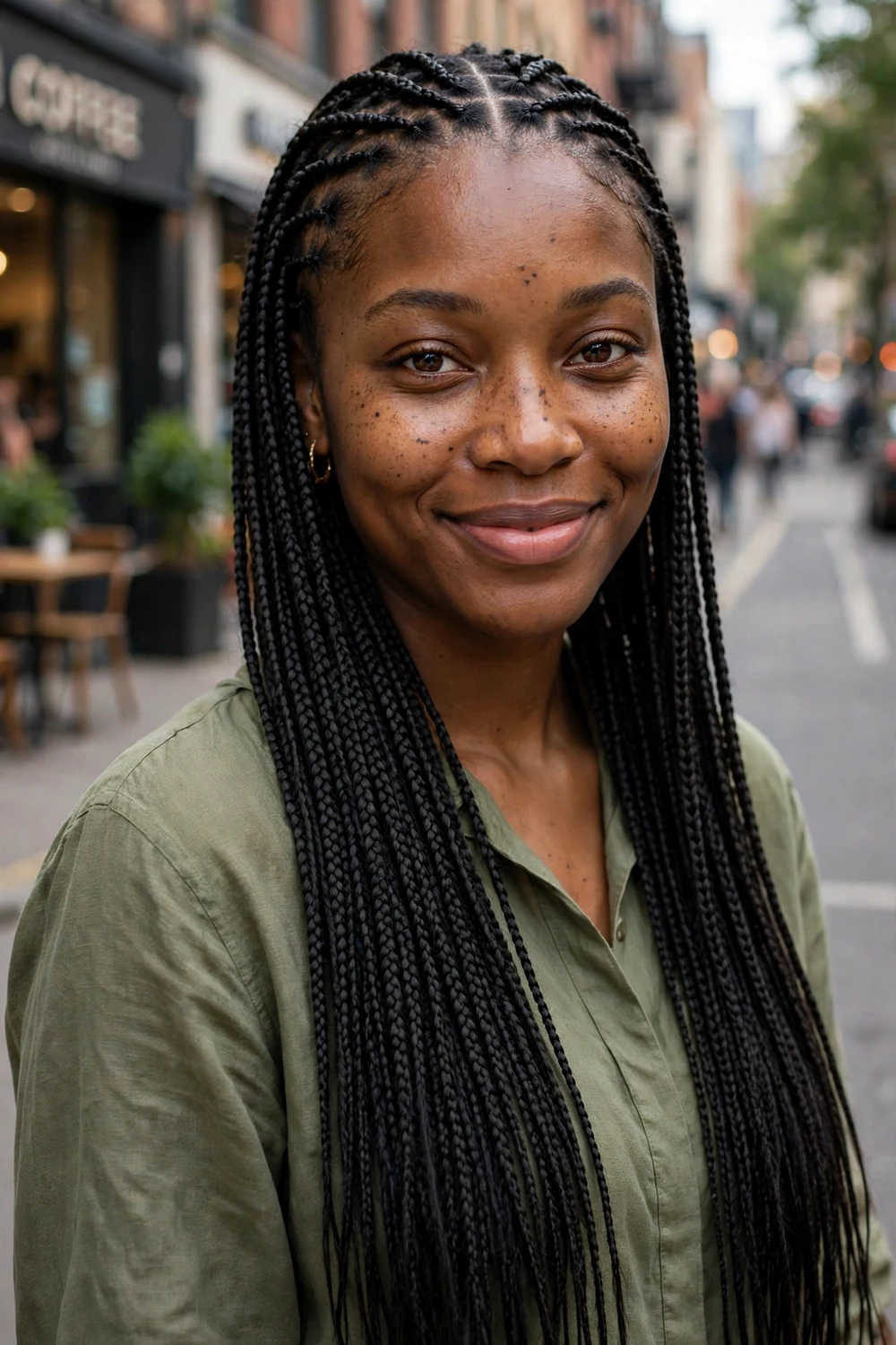 Black woman with medium-sized box braids, neat square parts, mid-back length