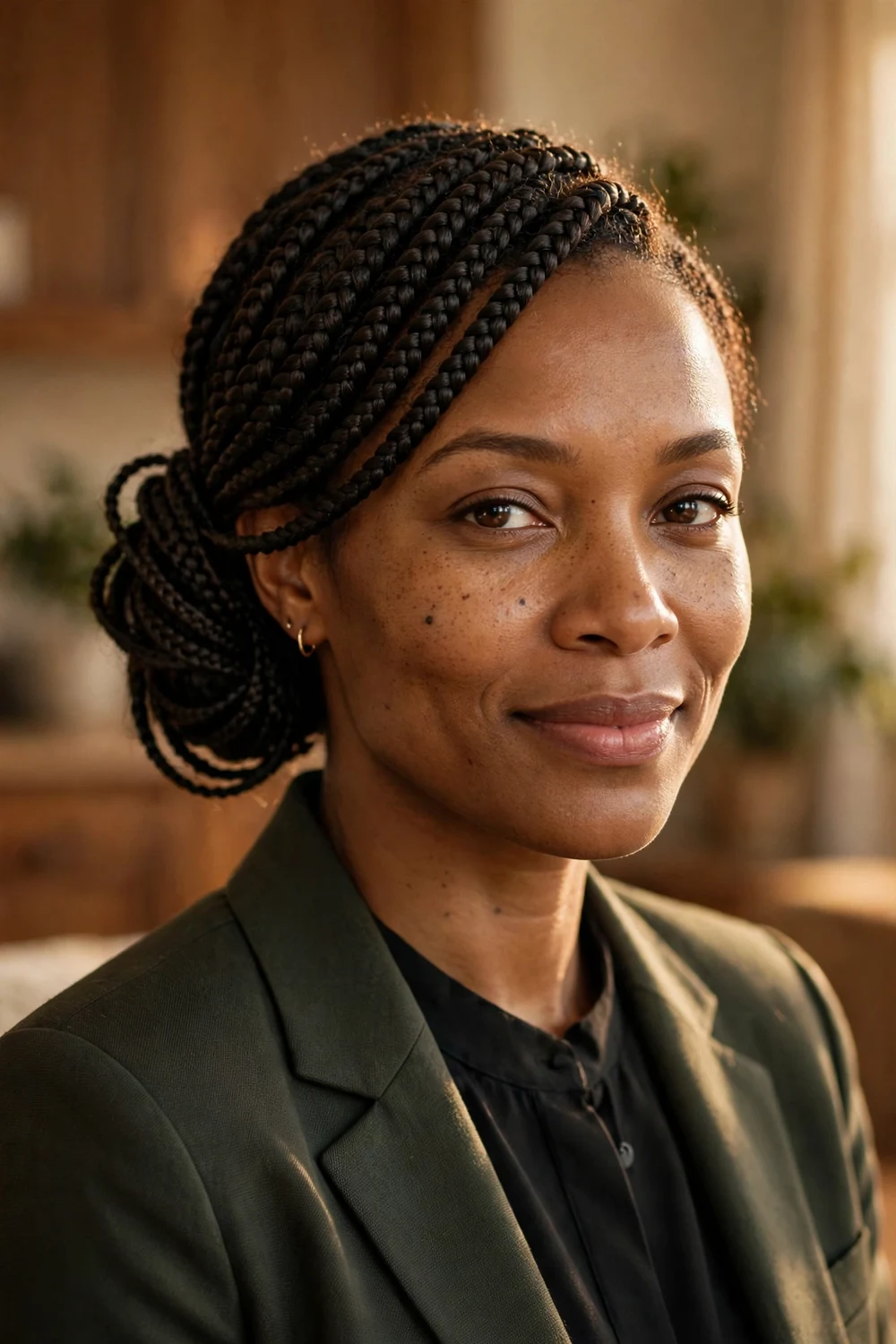 Black woman with high bun box braids, golden braids wrapped into a top bun