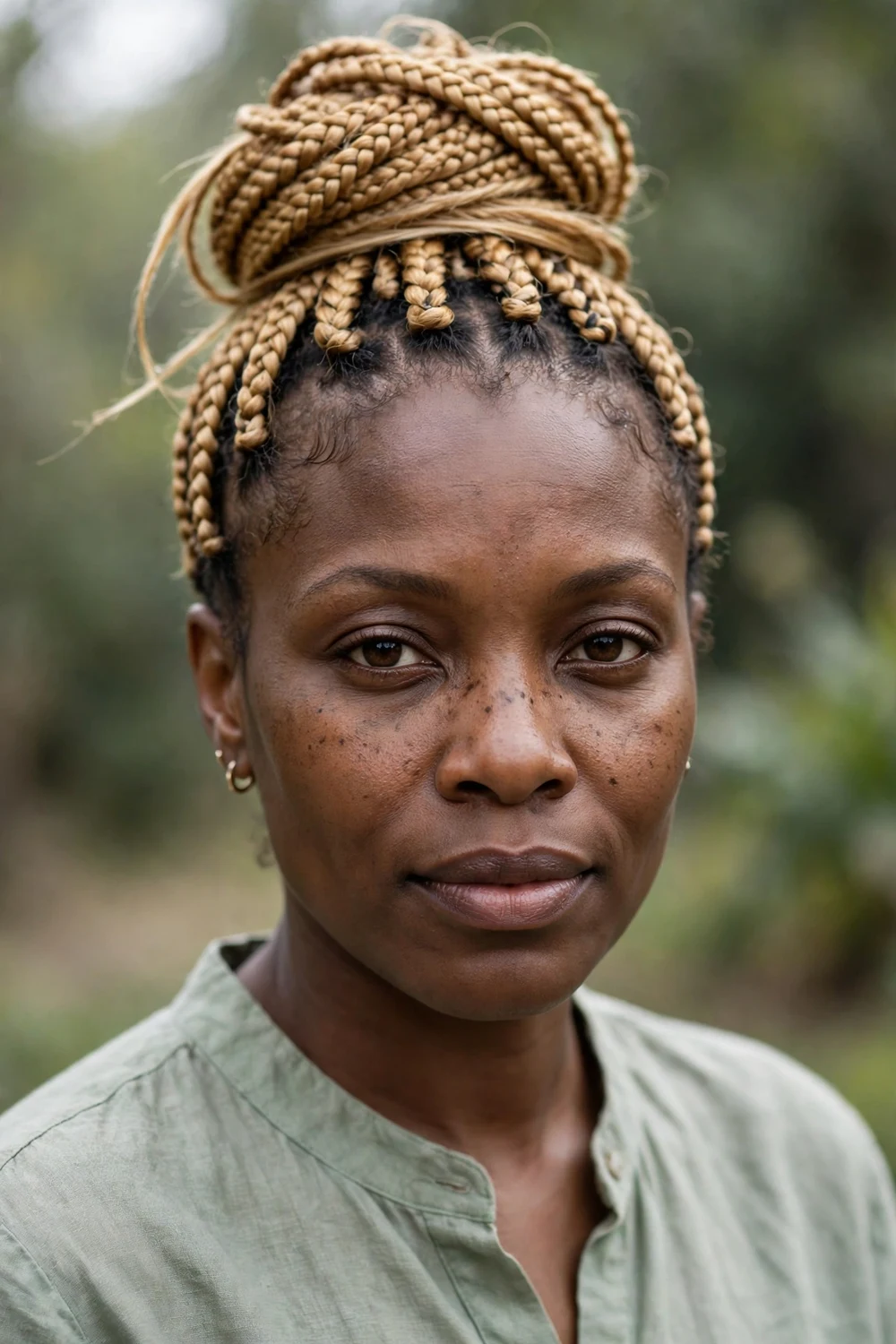 Black woman with topknot box braids, sleek gathered knot at crown